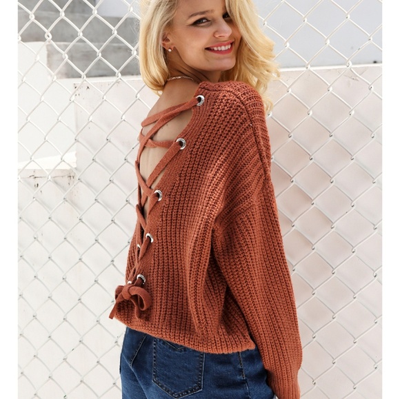 Brown Laced-Up Back Knit Top - Picture 3 of 7